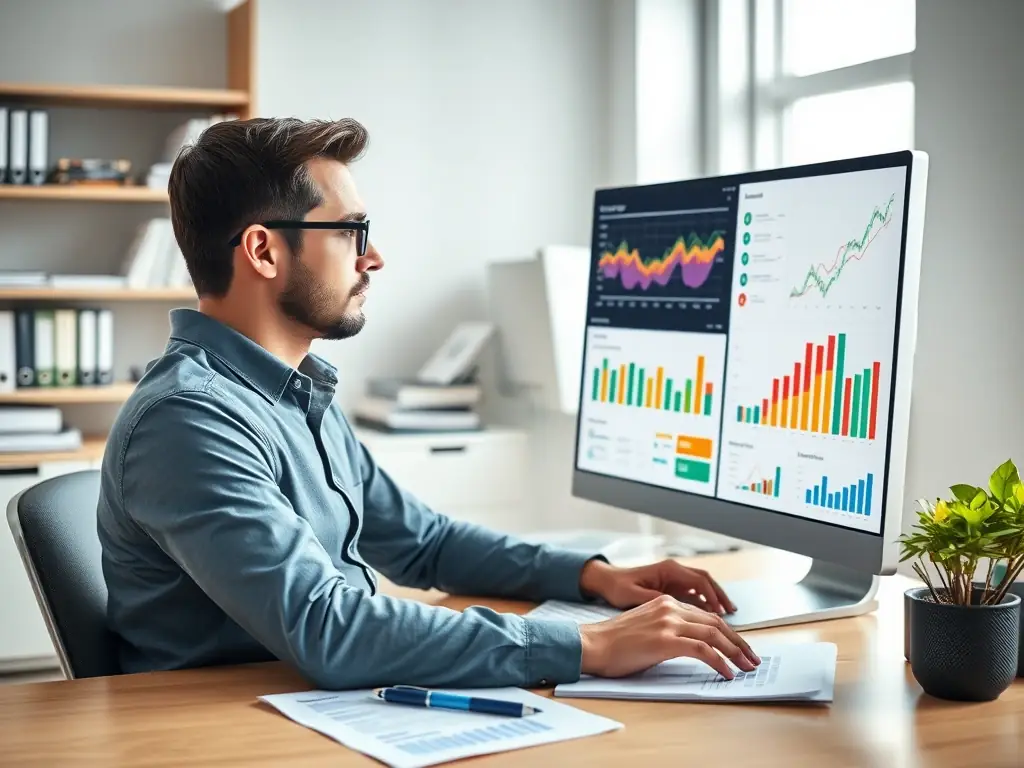 An analyst reviewing market data charts on a computer screen with graphs and reports, symbolizing Upfront Business Development's market research service.