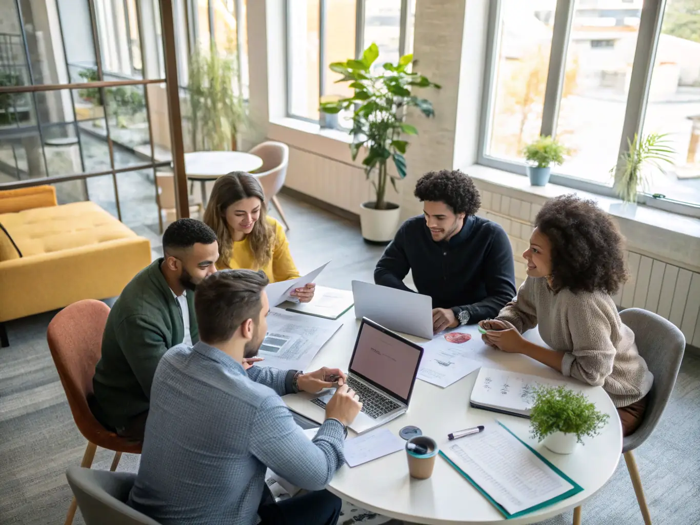 A team of professionals discussing workflow diagrams in a modern office, illustrating Upfront Business Development's process improvement service.
