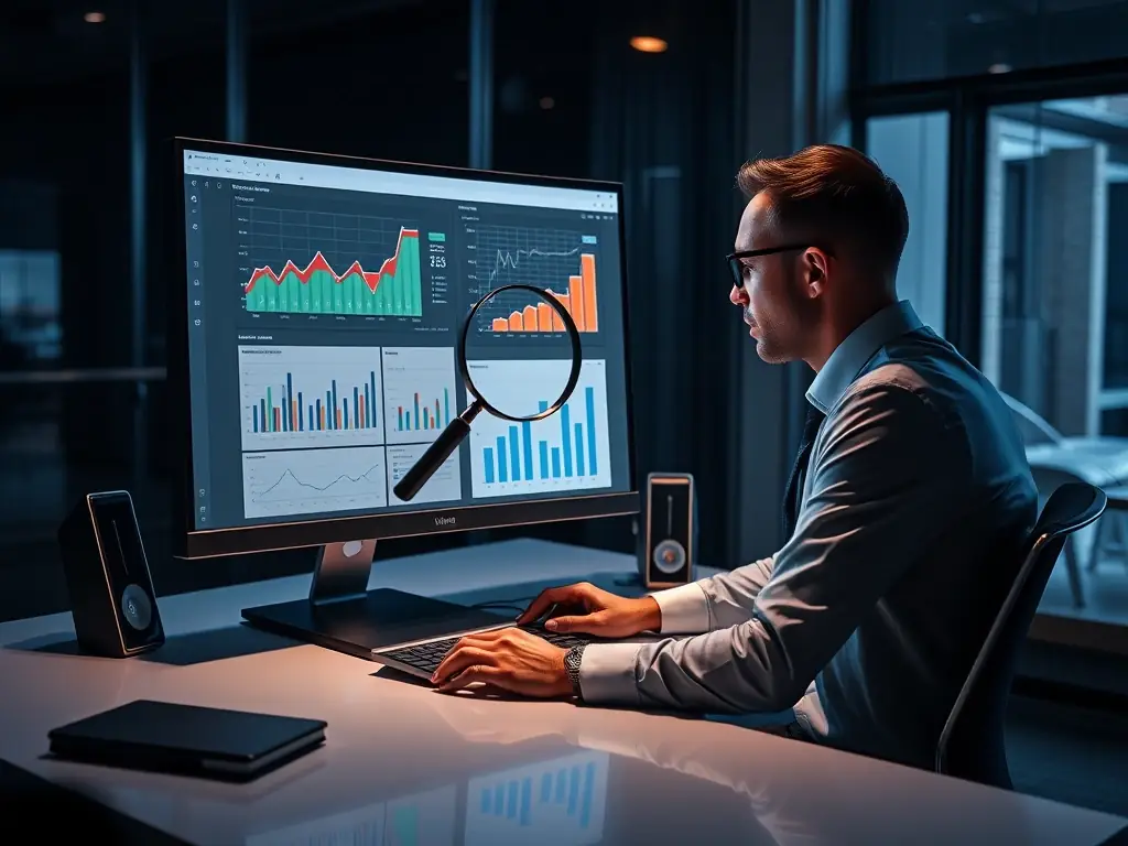 A business analyst is conducting market research, analyzing data on a computer screen in a modern office setting, with charts and graphs visible.