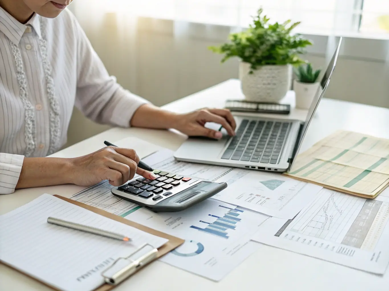 A financial analyst working on a laptop with spreadsheets and financial graphs, representing Upfront Business Development's financial modeling service.