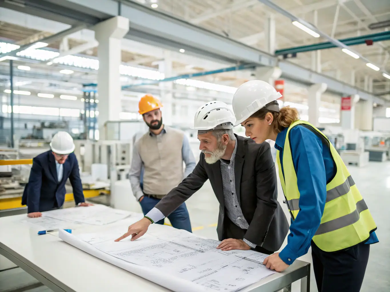A team is collaborating on process improvement, reviewing workflows and identifying inefficiencies in a manufacturing plant.