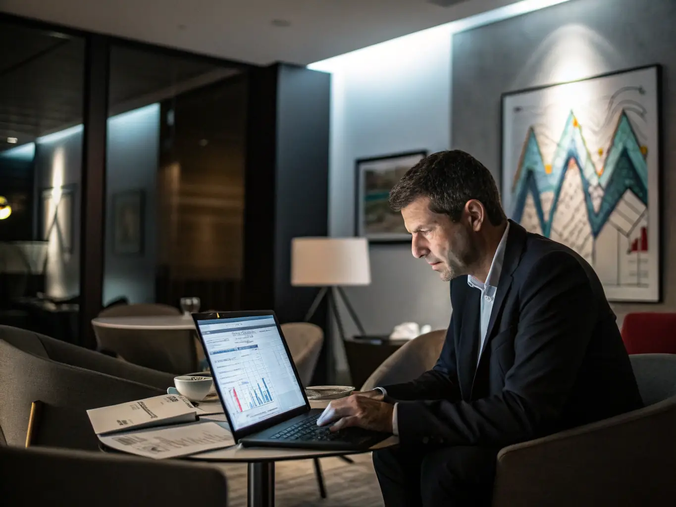 A consultant is creating a financial model on a laptop, with spreadsheets and financial data displayed prominently, in a well-lit office.